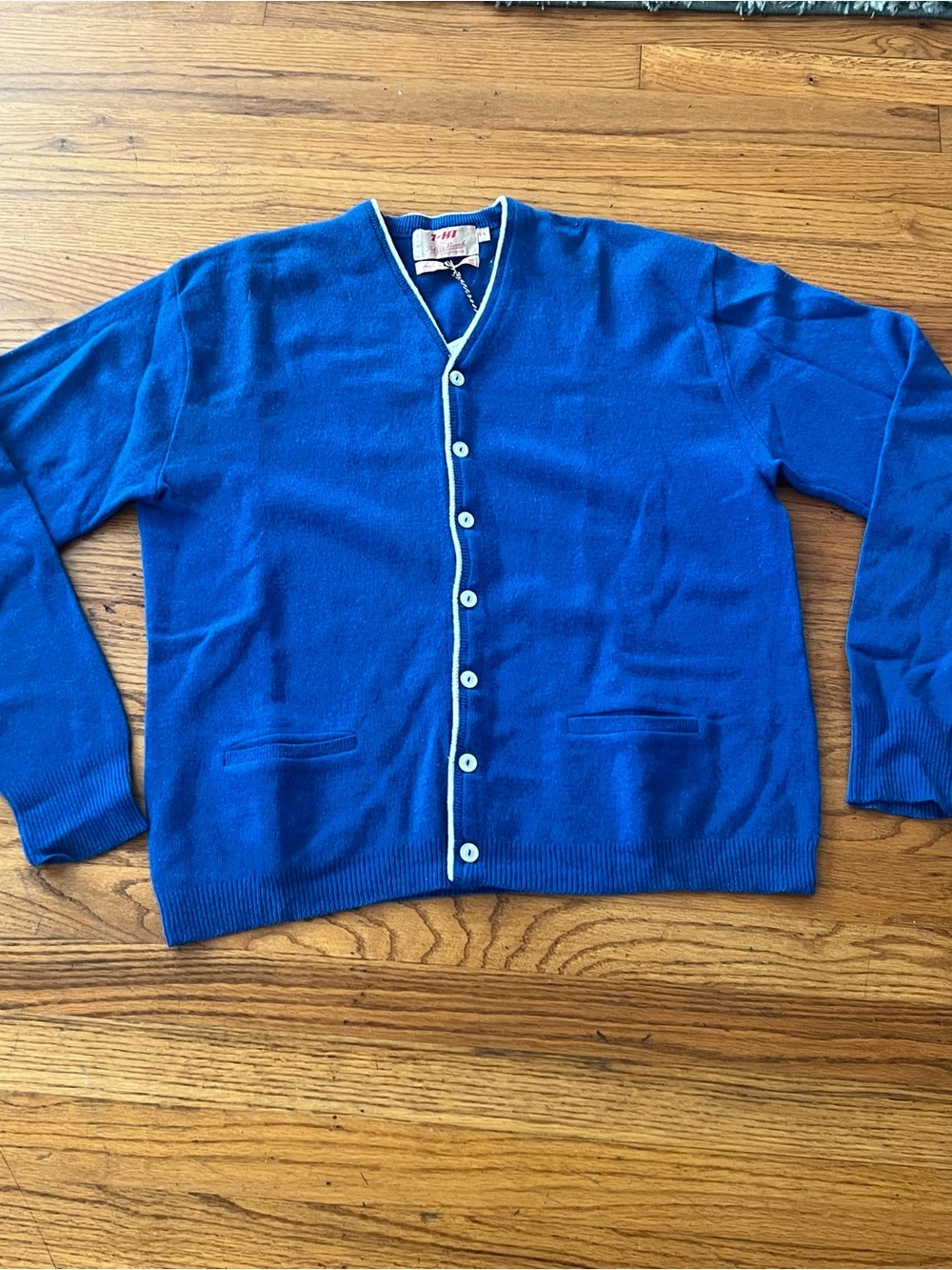 Vintage Men's Royal Blue Button Cardigan with White Trim